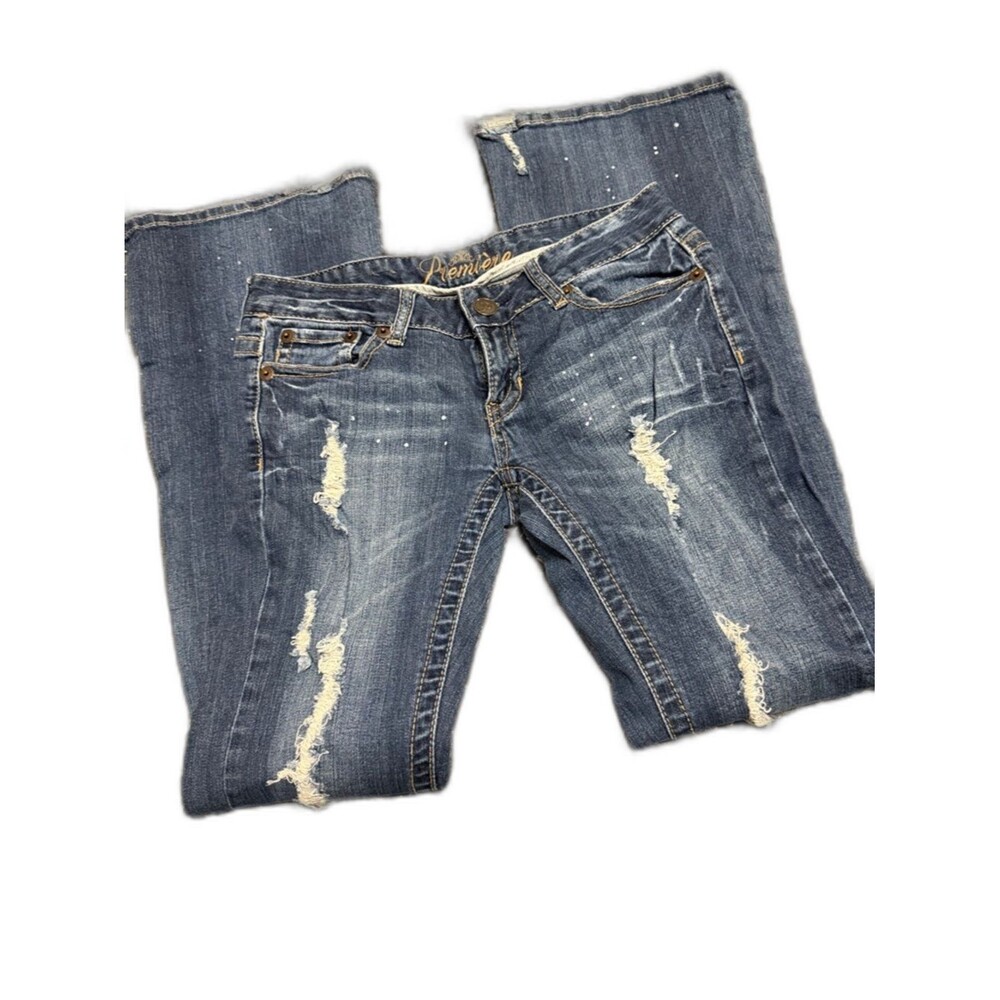 Premise Women's Blue Distressed Boot-Cut Jeans with Paint Speckles